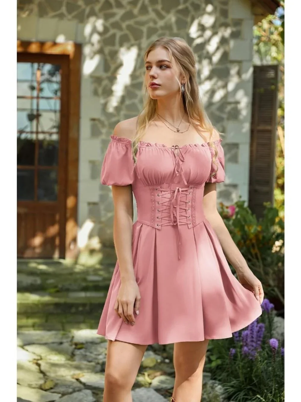 Scarlet Darkness Women Dusty Pink Corset Midi Off Shoulder Fairy Dresses - Picture 2 of 6